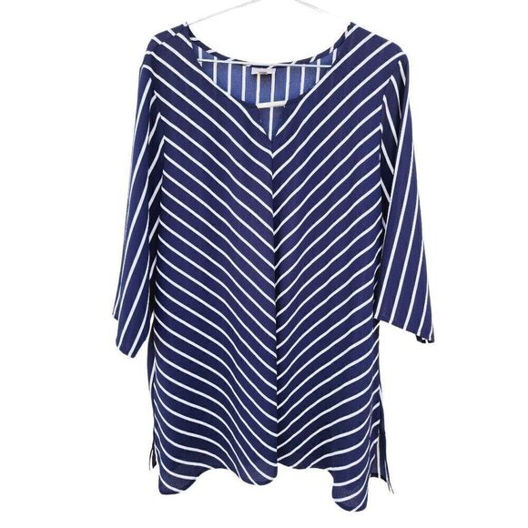 Avenue Tunic Blouse Womens Blue Stripe Gold Accent 3/4 Sleeve Artsy Plus 22/24 - Picture 1 of 7